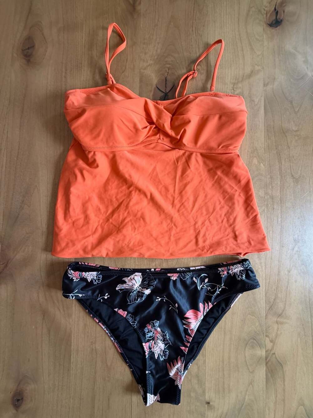 Beachsissi Twist Front Tankini & Floral Bikini Swimsuit Orange Black Large